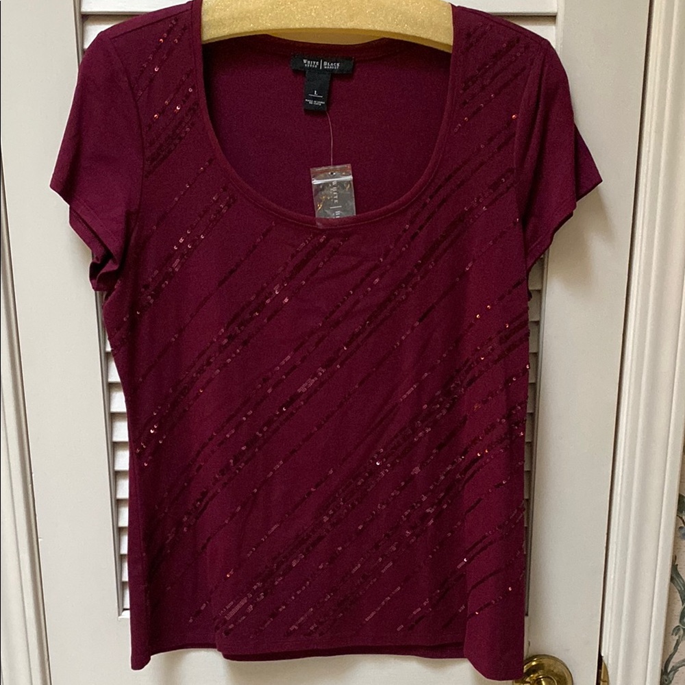 Studio Works Red Fitted Sequin Cap Sleeve Tee